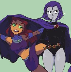 Rule 34 | 2girls, annoyed, armlet, arms behind back, black eyes, black leotard, breasts, cape, cloak, colored sclera, colored skin, commentary, crop top, curvy, dc comics, facial mark, flying sweatdrops, forehead mark, frown, gem, green background, green eyes, green sclera, grey skin, happy, highres, jewelry, legs, leotard, long hair, looking at another, looking to the side, medium breasts, medium hair, midriff, miniskirt, multiple girls, navel, necklace, open mouth, orange skin, outstretched arms, playing, plow (witch parfait), purple hair, purple skirt, raven (dc), red hair, simple background, skirt, smile, starfire, teen titans, teeth, thighs