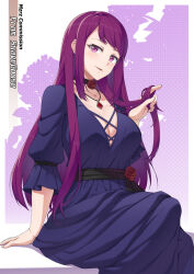 Rule 34 | 1girl, alternate hair length, alternate hairstyle, blush, breasts, casual, choker, cleavage, commission, dress, fire emblem, fire emblem engage, highres, ivy (fire emblem), jewelry, large breasts, long dress, long hair, looking at viewer, mole, mole under mouth, mzrz, necklace, nintendo, official alternate costume, purple eyes, purple hair, sitting, solo, twirling hair, very long hair