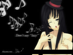 Rule 34 | 00s, 1girl, akiyama mio, black eyes, black hair, blunt bangs, censored, coach (artist), completely nude, don&#039;t say &quot;lazy&quot;, female focus, hat, hime cut, k-on!, ko chi, long hair, mini hat, music, musical note, nude, one eye closed, quaver, singing, solo, wink