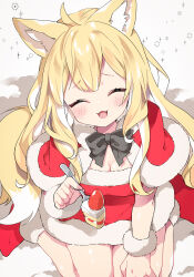 Rule 34 | 1girl, ahoge, animal ear fluff, animal ears, black bow, blonde hair, blush, bow, breasts, cake, capelet, cleavage, commentary, dress, fangs, food, food on face, fork, fox ears, fox girl, fox tail, fruit, fur-trimmed footwear, fur trim, fuwafuwa-chan (kamiyoshi rika), hand on own thigh, highres, holding, holding food, kamiyoshi rika, long hair, looking at viewer, medium breasts, open mouth, original, red dress, red socks, santa costume, short dress, sitting, smile, socks, solo, strawberry, strawberry shortcake, tail, wariza, wavy hair, wristband