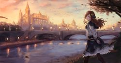 Rule 34 | 1girl, bird, black pantyhose, blue eyes, blue skirt, bridge, brown hair, capelet, church, closed mouth, commentary request, day, flower, frilled skirt, frills, hair flower, hair ornament, highres, lamppost, long sleeves, looking at viewer, looking to the side, na (oagenosuke), original, outdoors, pantyhose, river, skirt, smile, solo, standing, tree