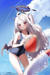 Rule 34 | 1girl, absurdres, ahoge, ball, beachball, blue archive, blue one-piece swimsuit, blue sky, blush, breasts, cloud, day, hair ornament, hairclip, halo, highres, hina (blue archive), hina (swimsuit) (blue archive), holding, holding ball, holding beachball, horns, innertube, leaning forward, long hair, looking at viewer, low wings, multiple horns, ocean, one-piece swimsuit, one side up, outdoors, parted bangs, parted lips, pharamacom, purple eyes, sky, small breasts, solo, swim ring, swimsuit, very long hair, wading, water, wet, wet clothes, wet swimsuit, white hair, wings