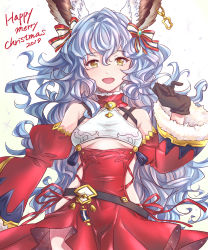 Rule 34 | 1girl, :d, animal ears, bare shoulders, black gloves, blue hair, blush, bow, breasts, christmas, clothing cutout, commentary request, covered navel, curly hair, detached sleeves, dress, earrings, erune, ferry (granblue fantasy), ferry (santa minidress) (granblue fantasy), fur-trimmed sleeves, fur trim, gloves, granblue fantasy, hair between eyes, hair bow, hand up, highres, jewelry, long hair, merry christmas, open mouth, red dress, sideless outfit, simple background, single earring, skin tight, small breasts, smile, solo, underboob, underboob cutout, very long hair, white background, wide sleeves, yellow eyes, zui 2307
