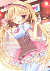 Rule 34 | 1girl, ;d, apron, blonde hair, blush, breasts, brown apron, brown footwear, ceiling light, collared shirt, commentary request, double scoop, fang, food, hair between eyes, hisagi (puchimaple), holding, holding food, ice cream, ice cream cone, ice cream scoop, indoors, long hair, looking at viewer, medium breasts, moe2016, one eye closed, open mouth, orange eyes, original, pink skirt, pleated skirt, puffy short sleeves, puffy sleeves, shirt, shoes, shop, short sleeves, skirt, smile, solo, standing, star (symbol), striped clothes, striped shirt, striped thighhighs, thighhighs, tsurime, twintails, vertical-striped clothes, vertical-striped shirt, vertical-striped thighhighs, very long hair, visor cap