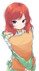 Rule 34 | 10s, 1girl, bad id, bad pixiv id, frilled pillow, frills, hugging object, love live!, love live! school idol festival, love live! school idol project, nishikino maki, pajamas, pillow, pillow hug, purple eyes, red hair, short hair, simple background, smile, solo, totoki86, white background