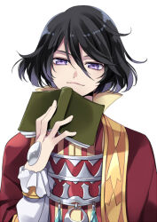 Rule 34 | 1boy, black hair, book, cape, collared cape, conway tau, hair between eyes, hand jewel, holding, holding book, kirimi maguro, light smile, looking at viewer, male focus, open book, portrait, purple eyes, red cape, short hair, smile, solo, tales of (series), tales of innocence, tales of innocence r, white background