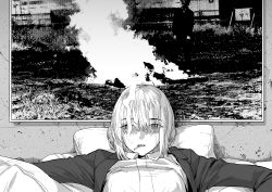 Rule 34 | 1girl, cigarette, crack, cracked wall, eyes visible through hair, fire, greyscale, hatching (texture), highres, katsuoboshi, looking at viewer, lying, medium hair, monochrome, mouth hold, on back, original, parted lips, photo (object), picture frame, pillow, smoke, smoking, solo