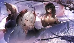 Rule 34 | 3girls, amagi (azur lane), animal ear fluff, animal ears, azur lane, black choker, black hair, breasts, brown hair, choker, cleavage, closed mouth, collarbone, fox ears, gdat, hand on own chin, highres, holding, holding umbrella, japanese clothes, kimono, large breasts, long hair, looking at viewer, looking away, multicolored hair, multiple girls, official alternate costume, prinz eugen (azur lane), prinz eugen (profusion of flowers) (azur lane), scenery, silver hair, smile, standing, taihou (azur lane), taihou (phoenix&#039;s spring song) (azur lane), umbrella, upper body