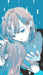 Rule 34 | 2girls, absurdres, black jacket, blue background, blue eyes, blue hair, blue shirt, blue theme, bob cut, clothes grab, commentary request, digital dissolve, grey hair, hand on another&#039;s head, highres, jacket, leaning forward, long bangs, long sleeves, looking at viewer, medium hair, multicolored hair, multiple girls, no pupils, nocopyrightgirl, original, out of frame, pale skin, parted lips, shirt, two-tone hair, upper body