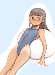 Rule 34 | 1girl, black hair, blue background, blue one-piece swimsuit, blush, brown eyes, cameltoe, commentary request, competition swimsuit, covered navel, cowboy shot, cushion, expressionless, ez6, highleg, highleg swimsuit, long hair, looking at viewer, lying, one-piece swimsuit, one-piece tan, original, reclining, solo, swimsuit, tan, tanline