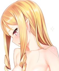 Rule 34 | 10s, 1girl, bad id, bad twitter id, blonde hair, brown eyes, close-up, collarbone, commentary, drill hair, eromanga sensei, kanzaki muyu, long hair, looking away, looking down, nude, open mouth, pointy ears, sidelocks, simple background, solo, sparkle, upper body, white background, yamada elf