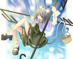 Rule 34 | 1girl, animal ears, basket, female focus, grey hair, iseki mitsuharu, mary janes, mouse (animal), mouse ears, mouse tail, nazrin, red eyes, shoes, short hair, solo, tail, touhou