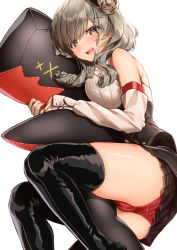 Rule 34 | 1girl, absurdres, azur lane, black footwear, blouse, blush, boots, braid, breasts, brown skirt, classic (zildjian33), drill hair, drill sidelocks, feet out of frame, grey eyes, grey hair, hair bun, highres, knee boots, long hair, long sleeves, looking at viewer, luetzow (azur lane), lying, medium breasts, hugging object, on side, open mouth, panties, pillow, pillow hug, red panties, shirt, side bun, sideboob, sidelocks, single side bun, skirt, solo, tears, teeth, thigh boots, thighhighs, underwear, upper teeth only, white background, white shirt