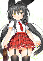 Rule 34 | 1girl, :&lt;, animal ears, bag, black hair, black thighhighs, blush, briefcase, char, closed mouth, collared shirt, commentary request, fingernails, gluteal fold, hair between eyes, highres, holding, holding bag, long hair, looking at viewer, nail polish, necktie, necro-san, original, panties, pink nails, plaid, plaid skirt, pleated skirt, red necktie, red skirt, school bag, school uniform, shirt, short sleeves, skirt, solo, suspender skirt, suspenders, thighhighs, tie clip, twintails, underwear, very long hair, white panties, white shirt, yellow eyes