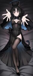 Rule 34 | 1girl, adapted costume, bed sheet, black dress, black eyes, black footwear, black hair, black thighhighs, blue archive, blue halo, blush, breasts, closed mouth, dress, foreshortening, full body, halo, high heels, highres, kikyou (blue archive), reaching, reaching towards viewer, ryouta (ryouta335), short hair, small breasts, solo, thighhighs