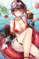 Rule 34 | 1girl, absurdres, ball, bare shoulders, beachball, bendy straw, bikini, black headwear, black jacket, blush, breasts, cleavage, collarbone, cup, drink, drinking straw, earrings, eyewear on head, flower, heart, heart-shaped eyewear, heterochromia, hibiscus, highres, hololive, houshou marine, houshou marine (summer), huge filesize, in water, innertube, jacket, jewelry, large breasts, long hair, looking at viewer, mug, necklace, off shoulder, open mouth, ponytail, red eyes, red hair, ribbon, smile, solo, swim ring, swimsuit, taht (that is mm), thigh strap, thighs, tongue, tongue out, virtual youtuber, yellow eyes