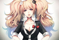 Rule 34 | 10s, 1girl, animal hair ornament, bear hair ornament, blonde hair, blue eyes, bow, breasts, choker, cleavage, danganronpa (series), danganronpa: trigger happy havoc, enoshima junko, hair ornament, hands on own hips, long hair, necktie, sleeves rolled up, smile, solo, spoilers, twintails, z-epto (chat-noir86)