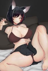 Rule 34 | 1girl, animal ear fluff, animal ears, bare legs, barefoot, black choker, black hair, black skirt, blush, bra, choker, claw pose, closed mouth, feet, female pubic hair, highres, hololive, knees up, legs, looking at viewer, multicolored hair, nail polish, on bed, ookami mio, panties, pantyshot, pillow, pubic hair, red bra, red hair, red nails, red panties, short hair, skirt, smile, solo, streaked hair, tail, toenail polish, toenails, toes, underwear, varniskarnis, virtual youtuber, wolf ears, wolf tail, yellow eyes
