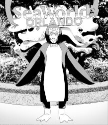 Rule 34 | 1boy, absurdres, animal costume, chainsaw man, commentary, denji (chainsaw man), full body, greyscale, highres, male focus, monochrome, open mouth, penguin costume, seaworld, sharp teeth, smile, solo, teeth, xyanaid