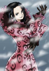 Rule 34 | 1girl, artist request, black hair, blue eyes, breasts, gloves, jacket, large breasts, nico robin, one piece, punk hazard, snow, solo, source request