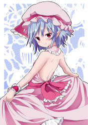 Rule 34 | 1girl, back, blue eyes, blush, clothes lift, dress, dress lift, from behind, hat, hat ribbon, lifted by self, looking at viewer, looking back, mob cap, no wings, noa (nagareboshi), pointy ears, red eyes, remilia scarlet, ribbon, short hair, smile, solo, touhou, wrist cuffs