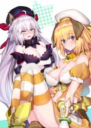 Rule 34 | 2girls, ahoge, alternate costume, animal ears, belt collar, black gloves, blonde hair, blue eyes, blush, braid, breast hold, breasts, cleavage, closed mouth, collar, collarbone, commentary request, crossed arms, detached collar, detached sleeves, embarrassed, fake animal ears, fate/grand order, fate (series), from side, frown, gloves, highres, jeanne d&#039;arc (april magical) (fate), jeanne d&#039;arc (fate), jeanne d&#039;arc (ruler) (fate), jeanne d&#039;arc alter (avenger) (fate), jeanne d&#039;arc alter (fate), large breasts, light smile, long braid, long hair, midriff, multiple girls, ninoude (ninoude44), open mouth, short sleeves, silver hair, single braid, sitting, skirt, thighhighs, thighs, very long hair, white gloves, yellow eyes, yellow skirt