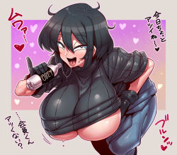 Rule 34 | 1girl, black hair, breasts, cleavage, clothes lift, gloves, gradient background, half-closed eyes, highres, huge breasts, indie virtual youtuber, jitome, jumpsuit, kataochi chuuko, open jumpsuit, open mouth, sanpaku, shirt lift, short hair, simple background, solo, tukiwani, underboob, virtual youtuber