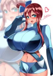 Rule 34 | 1girl, absurdres, alternate breast size, blue eyes, blush, breasts, creatures (company), game freak, hair between eyes, heart, highres, huge breasts, long hair, looking at viewer, navel, nintendo, open mouth, pokemon, pokemon bw, red hair, short shorts, shorts, skyla (pokemon), solo, tagme, tiamat (momokuri mannen)