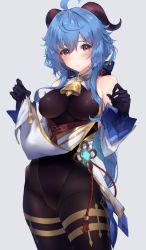 Rule 34 | 1girl, ahoge, bare shoulders, bell, black gloves, black leotard, black pantyhose, blue hair, blush, bodystocking, breasts, clothes lift, detached sleeves, dress, dress lift, elbow gloves, ganyu (genshin impact), genshin impact, gloves, hechi (hechi322), highleg, highleg leotard, highres, horns, jewelry, leotard, long hair, looking at viewer, medium breasts, neck bell, pantyhose, pelvic curtain, pendant, purple eyes, solo, thighs, vision (genshin impact), white background, white dress