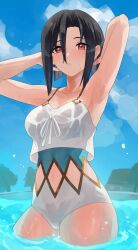 Rule 34 | 1girl, absurdres, arms behind head, arms up, asymmetrical bangs, bare arms, black hair, blush, breasts, clothing cutout, fire emblem, fire emblem engage, hair between eyes, highres, large breasts, looking at viewer, navel, navel cutout, nel (fire emblem), nintendo, one-piece swimsuit, open mouth, parted bangs, pearlbbbb, red eyes, short hair, solo, swimsuit, thick thighs, thighs, wet, wet clothes, wet swimsuit