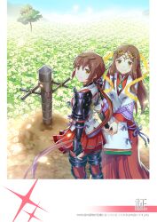 Rule 34 | 2girls, arm guards, armor, blue sky, brown eyes, brown hair, fan la norne, flower, hagoromo, holding hands, japanese armor, japanese clothes, long hair, looking at viewer, lora (xenoblade), mizuki riko, multiple girls, outdoors, ponytail, shawl, sky, standing, totem, tree, very long hair, white flower, xenoblade chronicles (series), xenoblade chronicles 2, xenoblade chronicles 2: torna - the golden country