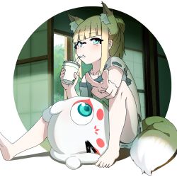 Rule 34 | 1girl, animal ears, aqua eyes, barefoot, blonde hair, blunt bangs, creature, cup, drinking, drinking straw, drinking straw in mouth, extra ears, fox ears, fox girl, fox tail, glasses, highres, holding, holding cup, kono iroha, kuro kosyou, looking at viewer, off shoulder, original, ribbon-trimmed sleeves, ribbon trim, shirt, shouji, sidelocks, sitting, sliding doors, tail, v, white background, white shirt
