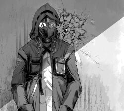 Rule 34 | 1other, ambiguous gender, arknights, broken mask, bullet hole, doctor (arknights), greyscale, highres, hood, hood up, hooded jacket, jacket, long sleeves, looking at viewer, mask, mask over one eye, monochrome, open clothes, open jacket, redandblackm, solo, upper body
