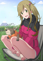 Rule 34 | 1girl, :o, absurdres, barefoot, blonde hair, chair, cloud, crossed legs, day, feet, forest, grass, green eyes, hands on own leg, happy, highres, inuyama aoi, jacket, legs, looking down, mount fuji, mountain, nature, one side up, open mouth, outdoors, shorts, side ponytail, sitting, sky, smile, sparkle, thick eyebrows, thighs, toes, tree, yone-chan (kuwm5222), yurucamp