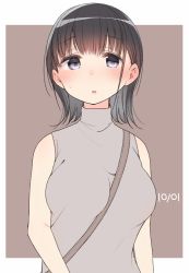 Rule 34 | 1girl, :o, between breasts, black hair, blue eyes, blush, breasts, dated, large breasts, looking at viewer, nekoume, open mouth, original, outside border, short hair, sleeveless, sleeveless turtleneck, solo, strap between breasts, tareme, turtleneck, upper body