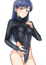 Rule 34 | 1girl, :o, bare hips, blue hair, blush, breasts, bridal gauntlets, brown eyes, cameltoe, cowboy shot, earrings, groin, half-closed eyes, hand on own chest, hand on own stomach, highleg, highleg leotard, highres, idolmaster, idolmaster (classic), jewelry, kisaragi chihaya, latex, latex leotard, leotard, long hair, looking at viewer, nail polish, parted lips, pink nails, simple background, skin tight, small breasts, solo, tsurui, white background, zipper pull tab