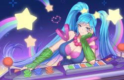 Rule 34 | 1girl, arcade sona, arcade stick, bead necklace, beads, blue eyes, blue hair, breasts, closed mouth, controller, elbow gloves, elbow rest, fingerless gloves, floating hair, game controller, gloves, hair ornament, jewelry, joystick, kokoala, large breasts, league of legends, long hair, looking at viewer, multicolored nails, nail polish, necklace, pixels, rainbow, smile, solo, sona (league of legends), star (symbol), star hair ornament, twintails, upper body, very long hair