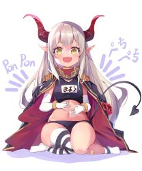 Rule 34 | 1girl, absurdres, armband, belly, blush, commentary request, demon horns, demon tail, detached sleeves, emma august, fang, full body, hair between eyes, hands on own stomach, highres, horns, jacket, kokuri89490047, looking at viewer, navel, nijisanji, open mouth, pointy ears, school swimsuit, seiza, silver hair, simple background, single thighhigh, sitting, socks, solo, swimsuit, tail, thighhighs, virtual youtuber, white background, yellow eyes