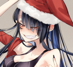 Rule 34 | 1girl, arm up, bare shoulders, beckoning, beige background, black nails, black one-piece swimsuit, blue hair, blush, breasts, channee (cluseller), cleavage, cluseller, collarbone, covered erect nipples, cropped, ear blush, eyes visible through hair, fang, female focus, fur-trimmed headwear, fur trim, grin, hair over one eye, half-closed eyes, hand up, happy, hat, index finger raised, jacket, long hair, medium breasts, nail polish, nose blush, off shoulder, one-piece swimsuit, open clothes, open jacket, original, red eyes, red hat, red jacket, santa hat, simple background, smile, solo, swimsuit, swimsuit under clothes, teeth, upper body