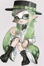 Rule 34 | 1girl, black footwear, black hat, black shirt, black shorts, boots, bow, collared shirt, colored tongue, cross-laced footwear, eyebrow cut, eyes visible through hair, full body, green bow, green eyes, green hair, green tongue, hat, hat bow, highres, inkling, inkling girl, inkling player character, lace-up boots, long hair, long sleeves, nintendo, open mouth, plum0o0, pointy ears, shirt, shorts, simple background, sitting, smile, solo, splatoon (series), splatoon 3, suction cups, tentacle hair, two-tone shirt, very long hair, white background, white shirt