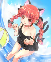 Rule 34 | 1girl, :d, alternate costume, animal ear fluff, animal ears, artist name, ball, bare shoulders, beachball, bent over, black bow, black dress, blunt bangs, bow, braid, breasts, cat ears, cat tail, cleavage, cloud, collar, collarbone, day, dress, dutch angle, extra ears, fang, feet out of frame, fisheye, hair bow, hair ribbon, hands up, highres, horizon, kaenbyou rin, knees together feet apart, long hair, looking at viewer, medium breasts, multiple tails, nekomata, open mouth, outdoors, paw pose, pointy ears, ramudia (lamyun), red collar, red eyes, red hair, ribbon, skin fang, sky, smile, solo, strap slip, tail, touhou, tress ribbon, twin braids, twintails, two tails, wading, water