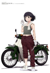 Rule 34 | 1girl, absurdres, bare arms, black hair, brown eyes, brown pants, clothes around waist, collarbone, dirty, dirty face, gloves, green tank top, highres, holding, holding wrench, koguma (super cub), megami magazine, midriff peek, motor vehicle, motorcycle, navel, official art, pants, parted lips, scan, shirt, shirt around waist, short hair, simple background, solo, standing, super cub, tank top, towel, towel around neck, white background, white footwear, white gloves, wrench