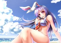 Rule 34 | 1girl, animal ears, bare shoulders, beach, between breasts, bikini, blue sky, blush, breasts, cleavage, cloud, cloudy sky, collarbone, commentary, commentary request, day, eating, food, food in mouth, kamajey, large breasts, purple bikini, light purple hair, long hair, looking at viewer, mochi, navel, necktie, necktie between breasts, ocean, outdoors, purple bikini, rabbit ears, red eyes, reisen udongein inaba, rice, side-tie bikini bottom, sky, solo, swimsuit, touhou, very long hair