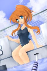 Rule 34 | 1girl, bad id, blue hair, breasts, brown eyes, chain-link fence, cloud, competition swimsuit, day, dutch angle, fence, highres, lane line, long hair, medium breasts, ochimusha, one-piece swimsuit, orange hair, outdoors, ponytail, pool, poolside, ripples, sidelocks, sitting, soaking feet, solo, swimsuit