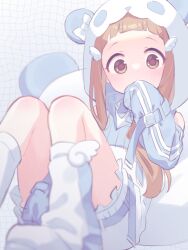 Rule 34 | 1girl, animal hood, arm belt, arm between legs, belt, blue belt, blue bow, blue bowtie, blunt bangs, blurry, blurry background, blush, bow, bowtie, brown eyes, brown hair, commentary request, covered mouth, covering own mouth, depth of field, distortion, euphoniummatsu, feet out of frame, grid background, hand over own mouth, high-waist skirt, highres, hood, ichihara nina, idolmaster, idolmaster cinderella girls, knees up, leg warmers, looking at viewer, panda hood, raised eyebrows, reclining, shirt, sidelocks, skirt, sleeves past fingers, sleeves past wrists, solo, white background, white shirt, white skirt, wing hair ornament