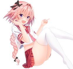 Rule 34 | 1boy, :d, androgynous, astolfo (fate), astolfo (sailor paladin) (fate), black bow, blush, bow, braid, braided ponytail, collarbone, collared shirt, fang, fate/apocrypha, fate (series), floating hair, hair between eyes, hair bow, hair intakes, highres, koco (dcde7288), long hair, male focus, midriff, miniskirt, official alternate costume, open mouth, pink hair, pink neckwear, pleated skirt, ponytail, purple eyes, red sailor collar, red serafuku, red skirt, sailor collar, sailor shirt, school uniform, serafuku, shirt, simple background, skin fang, skirt, smile, solo, stomach, thighhighs, trap, very long hair, white background, white shirt, white thighhighs
