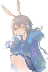 Rule 34 | 1girl, amiya (arknights), animal ears, arknights, black jacket, blue eyes, blue flower, brown hair, commentary, english commentary, flower, hair between eyes, hair flower, hair ornament, highres, hood, hooded jacket, jacket, jewelry, koujuan, long sleeves, looking at viewer, neck ring, open mouth, pleated skirt, puffy long sleeves, puffy sleeves, purple flower, rabbit ears, revision, simple background, skirt, solo, squatting, weibo logo, weibo watermark, white background