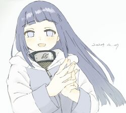 1girl blush dated highres hood hooded_jacket hyuuga_hinata jacket kobarukawa long_hair naruto_(series) naruto_shippuuden purple_eyes purple_jacket simple_background solo upper_body white_background white_jacket