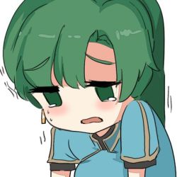 Rule 34 | bent over, blue dress, chibi, crying, crying with eyes open, dress, earrings, fire emblem, fire emblem: the blazing blade, green eyes, green hair, jewelry, long hair, lowres, lyn (fire emblem), nintendo, open mouth, ormille, ponytail, short sleeves, solo, tears