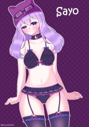 Rule 34 | blush, crescent moon, digimon, goggles, goggles on head, hat, highres, lingerie, long hair, looking at viewer, moon, purple eyes, purple hair, sayo (digimon), underwear